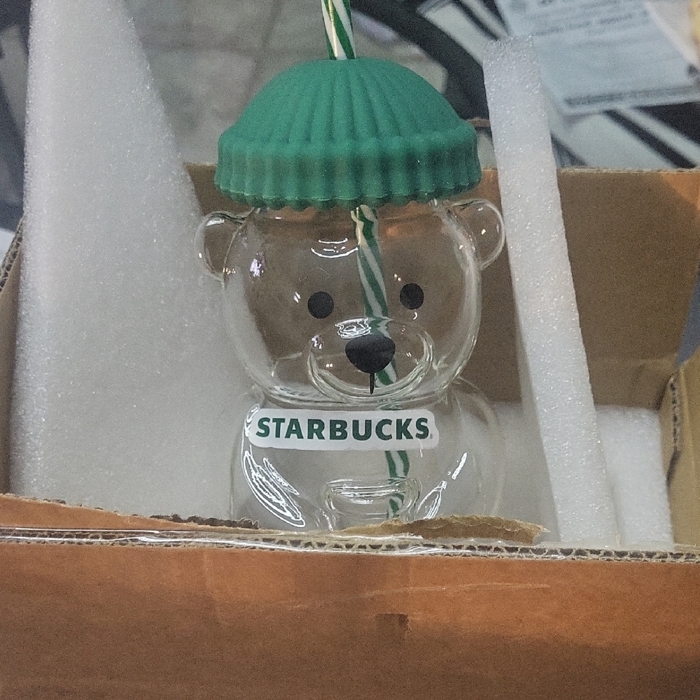 Starbucks Like  Clear Glass Bear with Green Hat Not Starbucks Made For Me Better